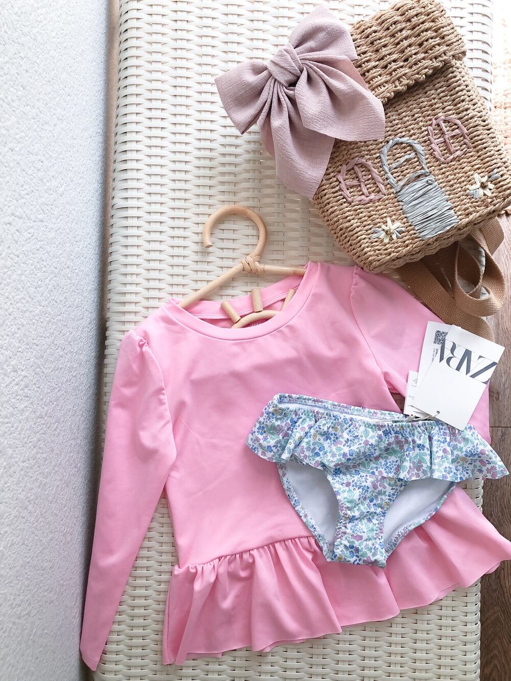 NWT Zara Blooming Floral Frilly Swim Bottoms + Rash Guard Top Swimsuit 3/4